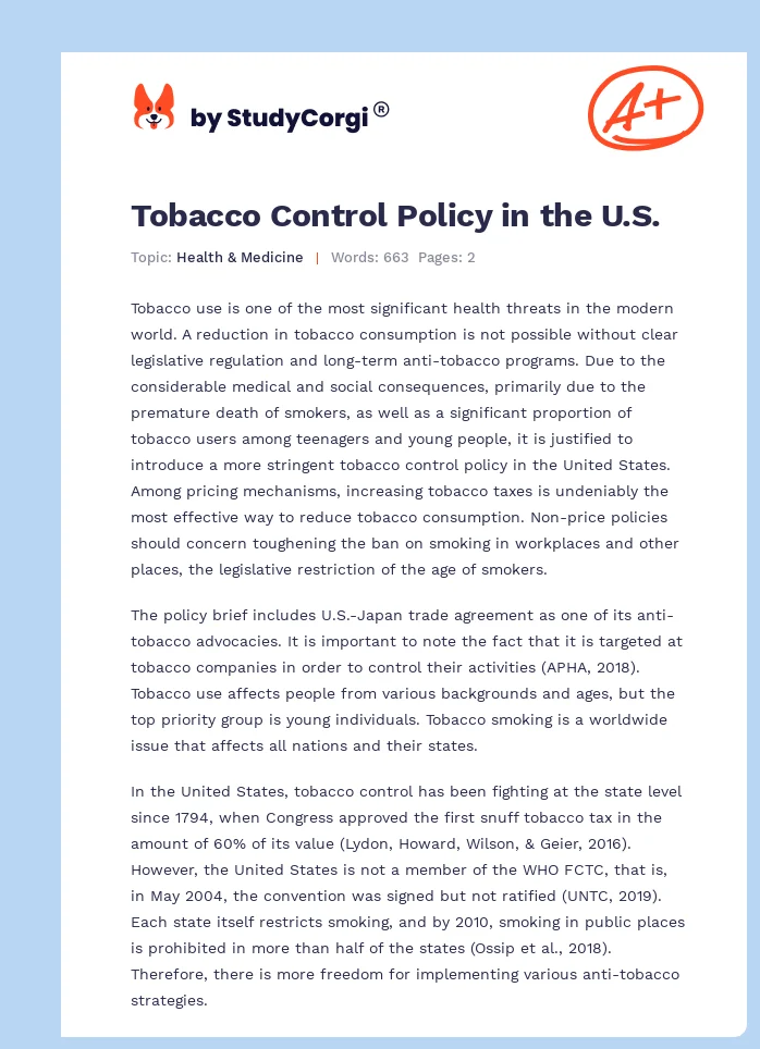 Tobacco Control Policy in the U.S.. Page 1