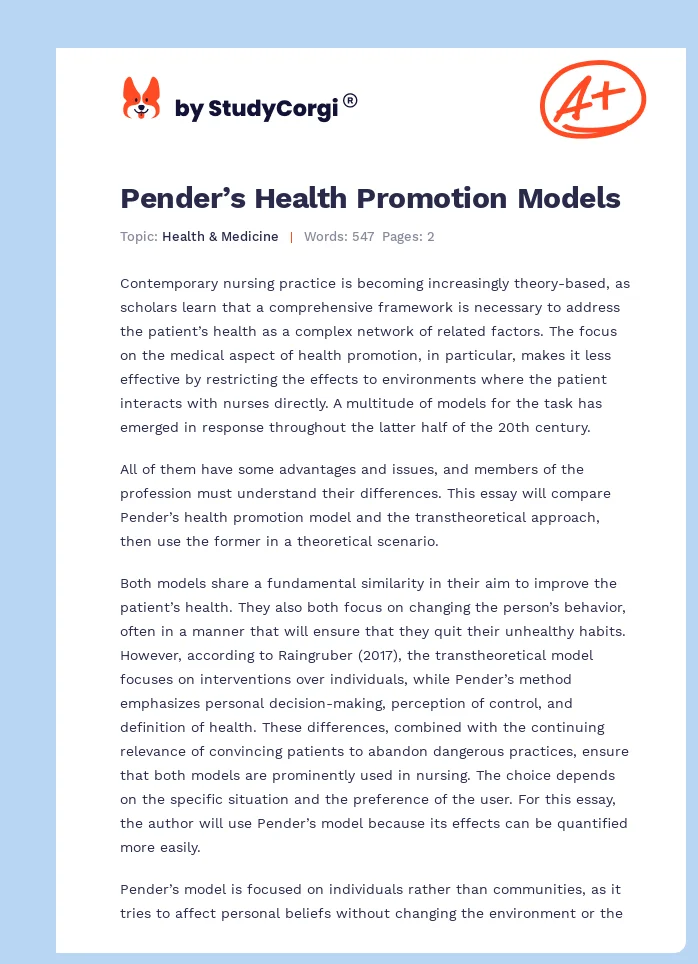 Pender’s Health Promotion Models. Page 1