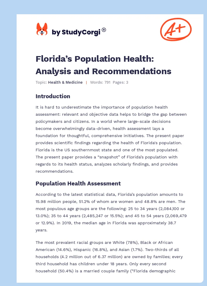 Florida’s Population Health: Analysis and Recommendations. Page 1