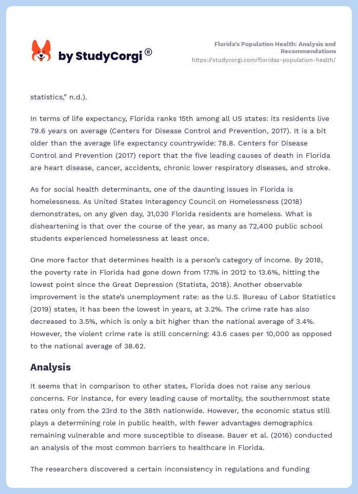 Florida’s Population Health: Analysis and Recommendations. Page 2