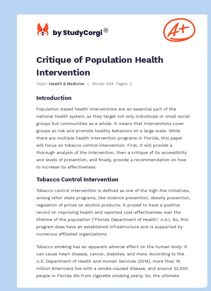 Critique of Population Health Intervention. Page 1