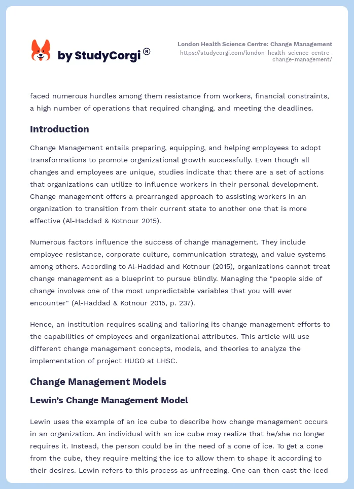 London Health Science Centre: Change Management. Page 2