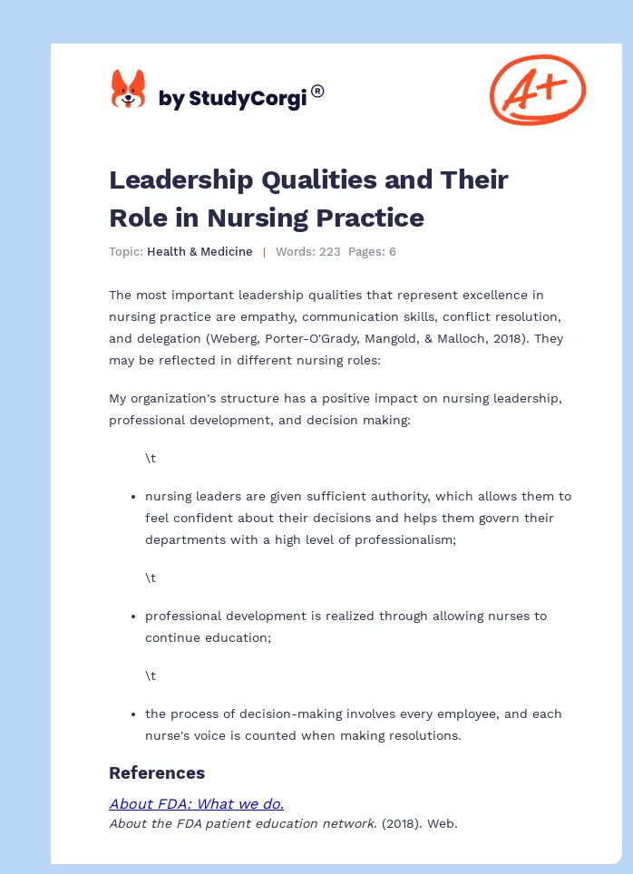 Leadership Qualities and Their Role in Nursing Practice. Page 1