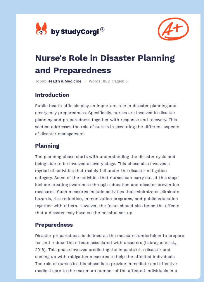 Nurse's Role in Disaster Planning and Preparedness. Page 1