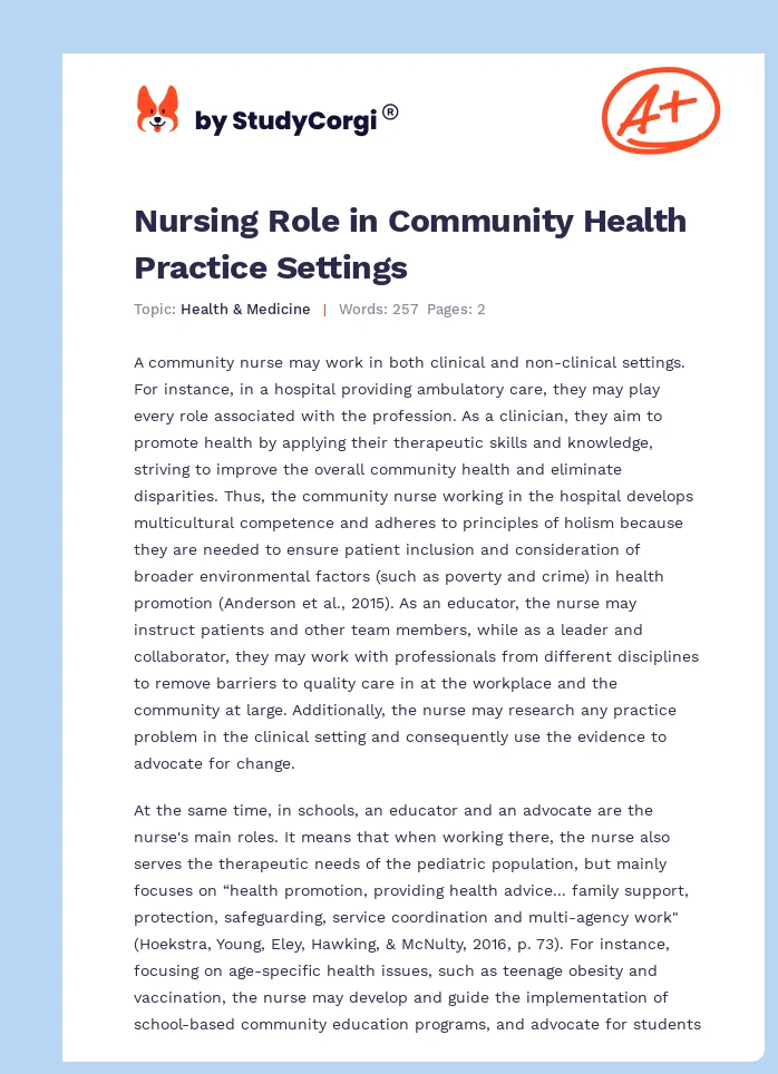 Nursing Role in Community Health Practice Settings. Page 1