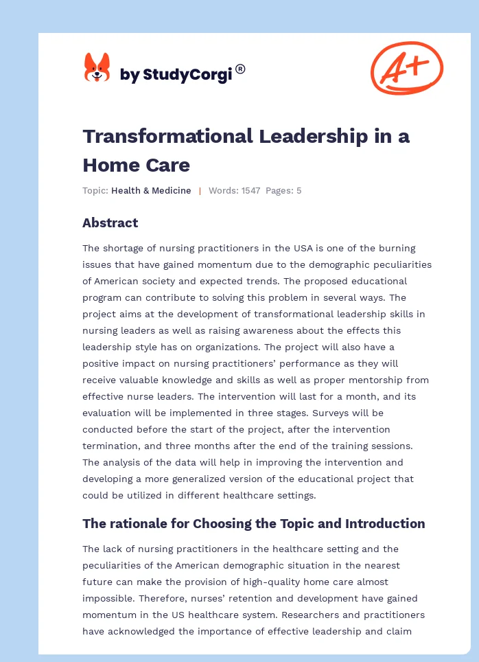 Transformational Leadership in a Home Care. Page 1