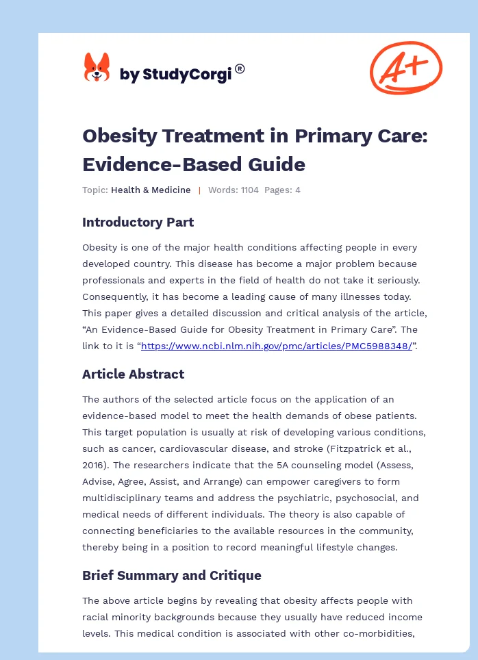 Obesity Treatment in Primary Care: Evidence-Based Guide. Page 1