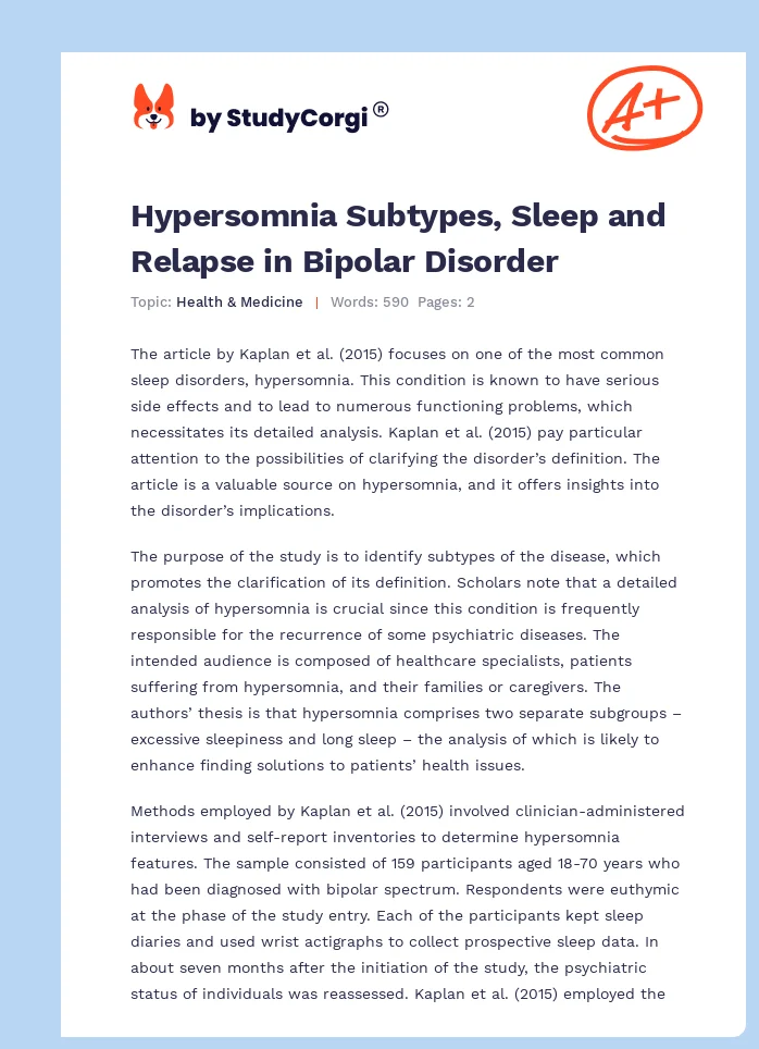 Hypersomnia Subtypes, Sleep and Relapse in Bipolar Disorder. Page 1