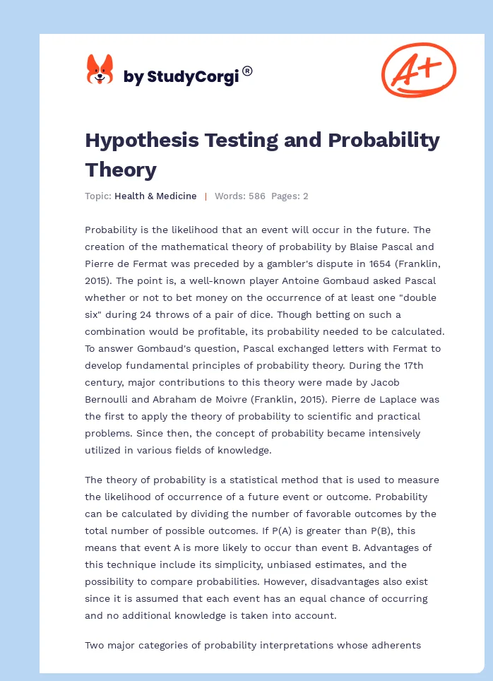 Hypothesis Testing and Probability Theory. Page 1