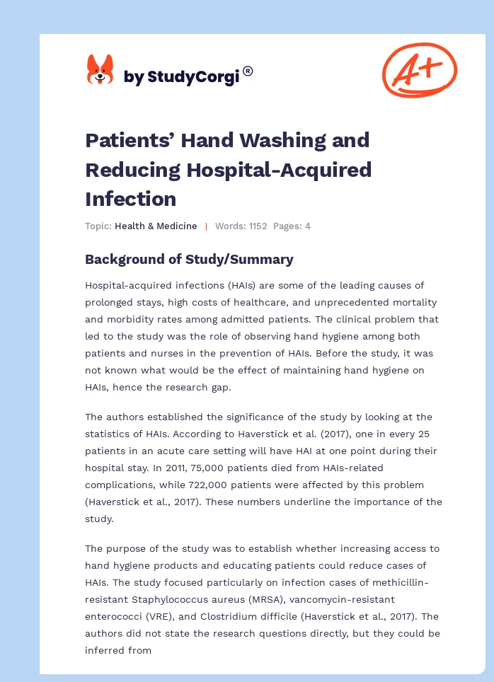 Patients’ Hand Washing and Reducing Hospital-Acquired Infection. Page 1