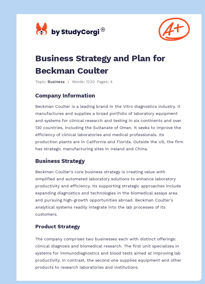 Business Strategy and Plan for Beckman Coulter. Page 1