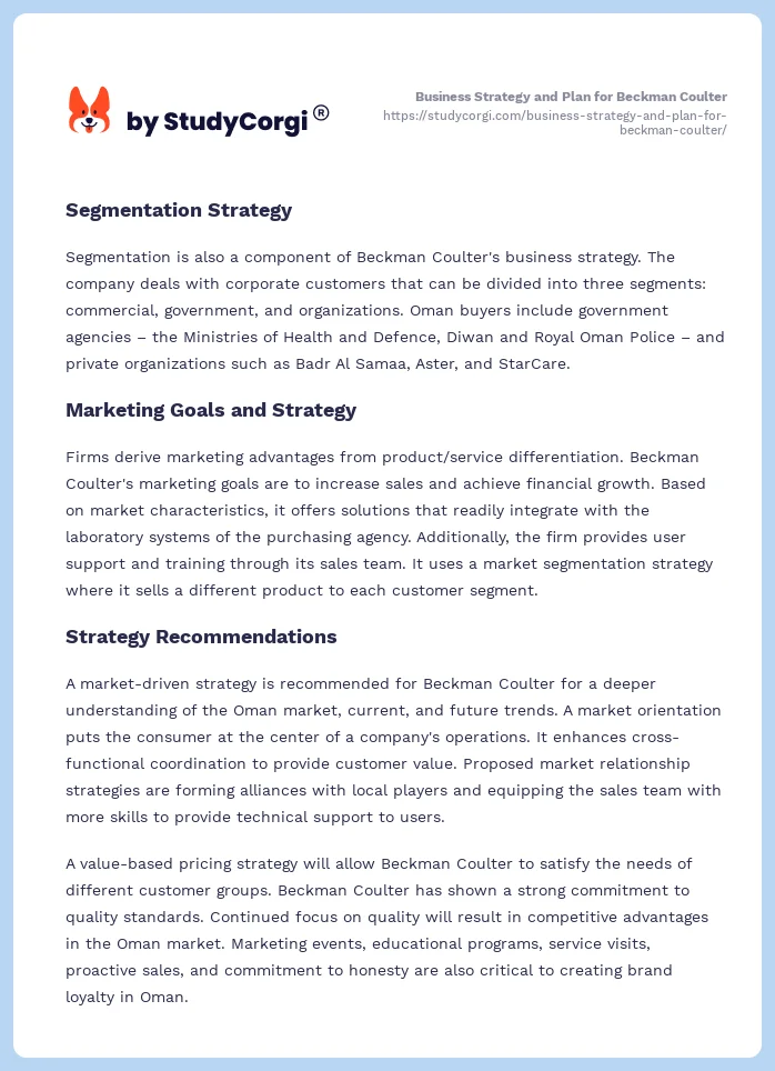Business Strategy and Plan for Beckman Coulter. Page 2