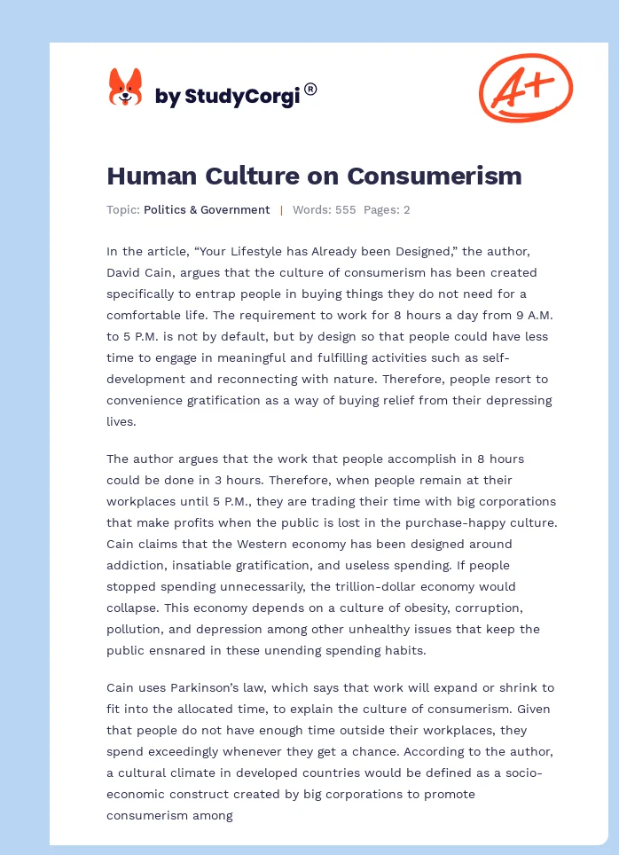 Human Culture on Consumerism. Page 1