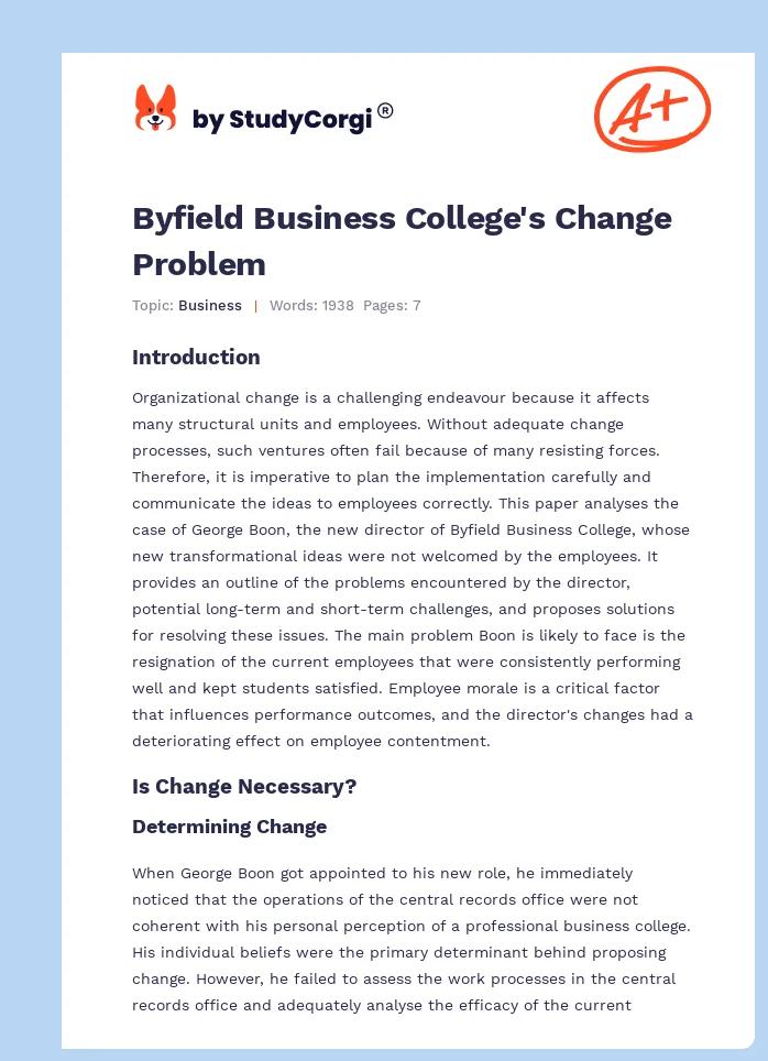 Byfield Business College's Change Problem. Page 1