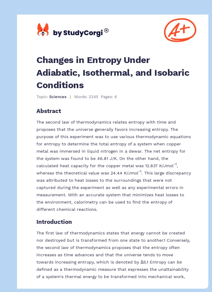 Changes in Entropy Under Adiabatic, Isothermal, and Isobaric Conditions. Page 1