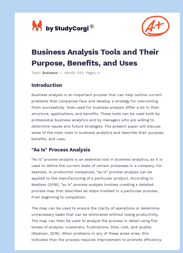 Business Analysis Tools and Their Purpose, Benefits, and Uses. Page 1