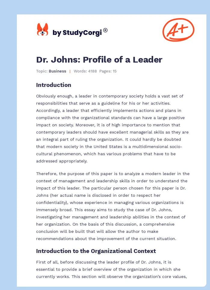 Dr. Johns: Profile of a Leader. Page 1