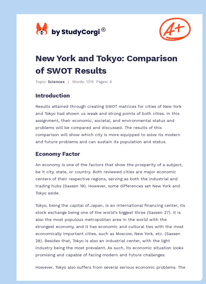 New York and Tokyo: Comparison of SWOT Results. Page 1