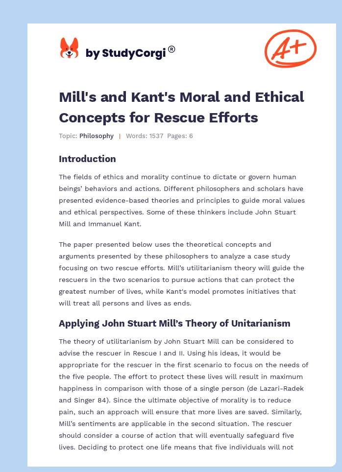 Mill's and Kant's Moral and Ethical Concepts for Rescue Efforts. Page 1
