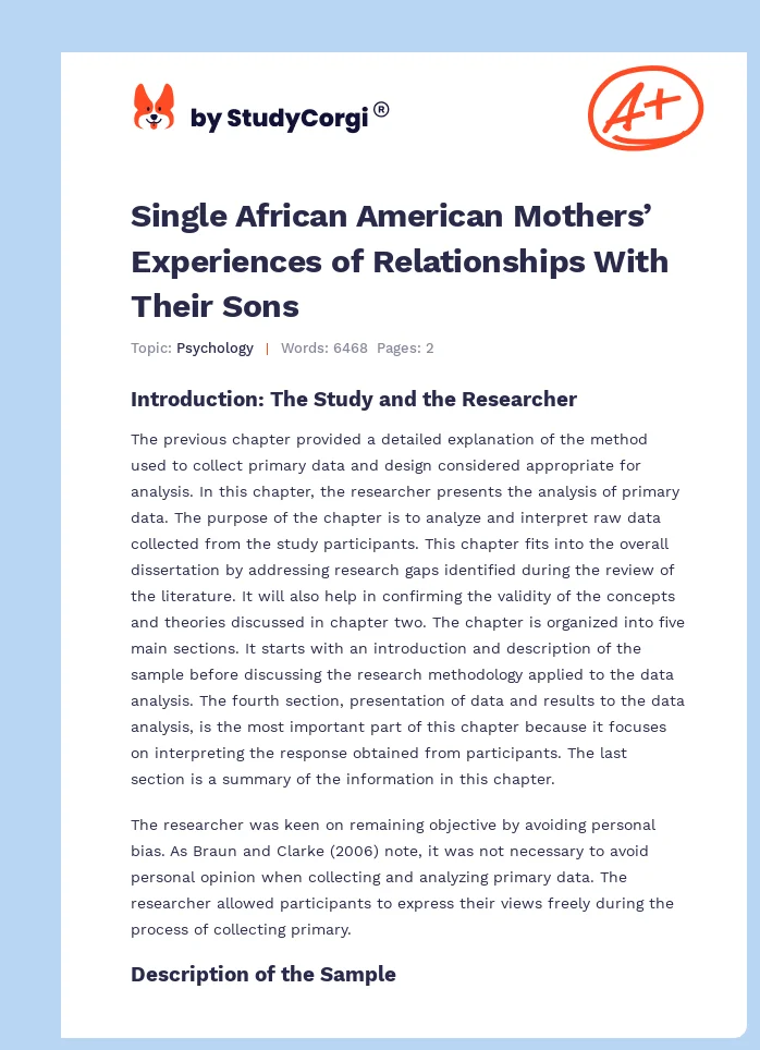 Single African American Mothers’ Experiences of Relationships With Their Sons. Page 1