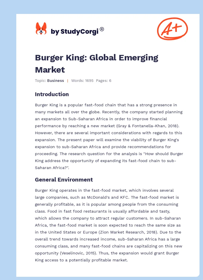Burger King: Global Emerging Market. Page 1