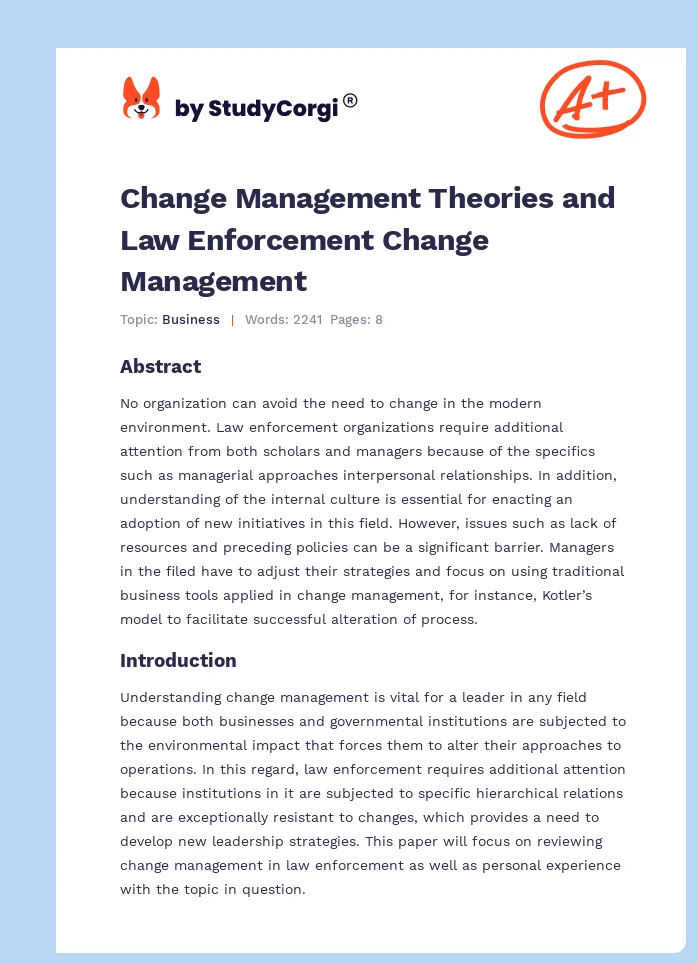 Change Management Theories and Law Enforcement Change Management. Page 1