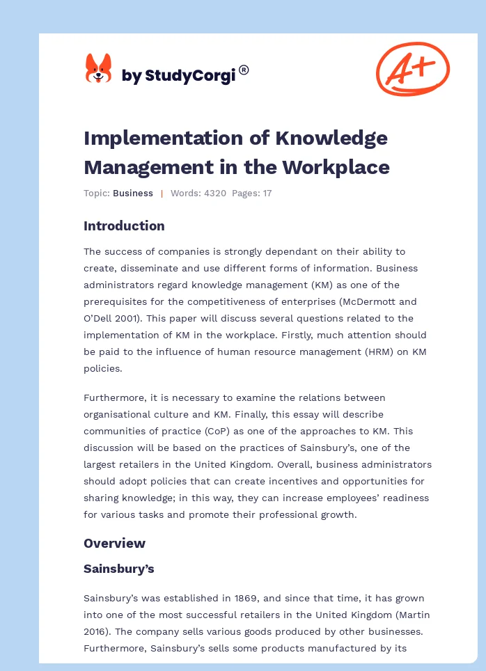Implementation of Knowledge Management in the Workplace. Page 1