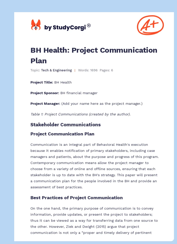 BH Health: Project Communication Plan. Page 1