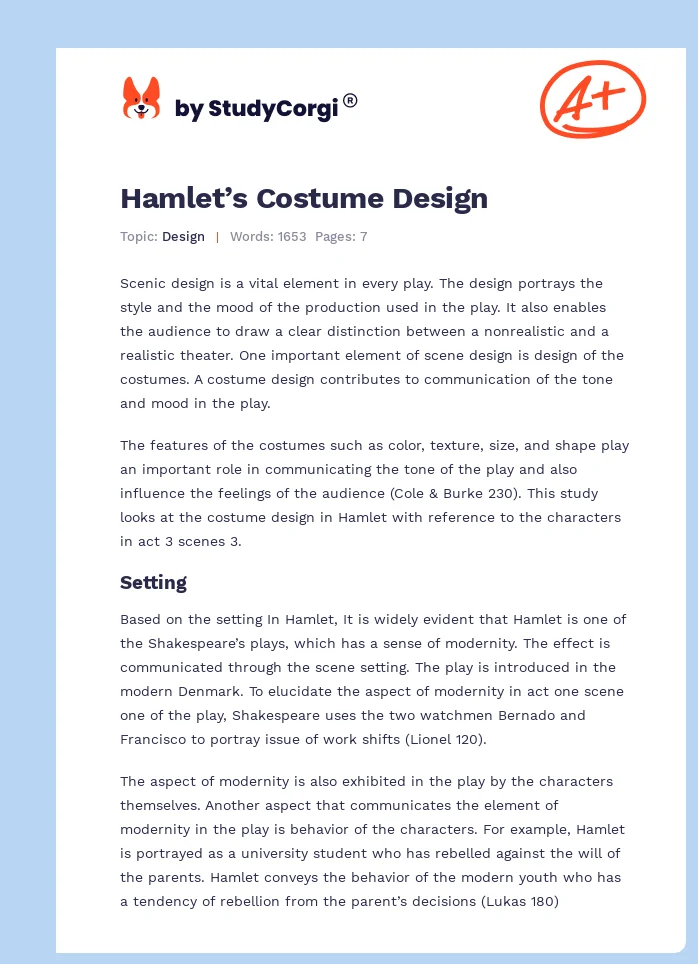Hamlet’s Costume Design. Page 1