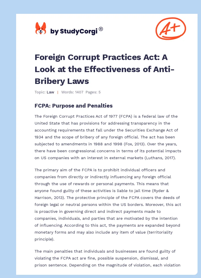 Foreign Corrupt Practices Act: A Look at the Effectiveness of Anti-Bribery Laws. Page 1