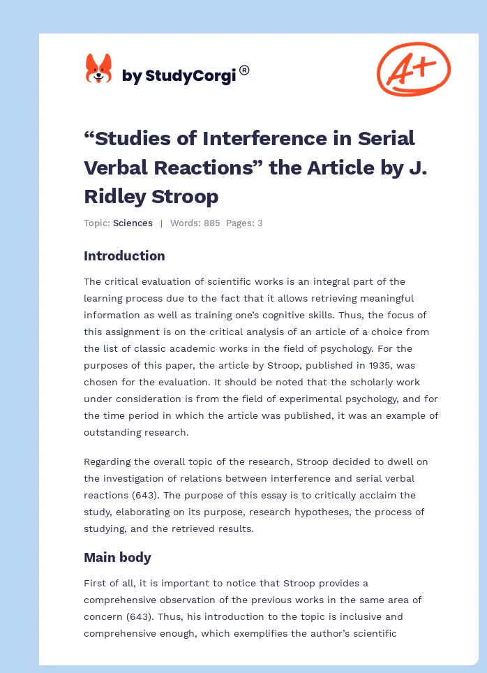 “Studies of Interference in Serial Verbal Reactions” the Article by J. Ridley Stroop. Page 1