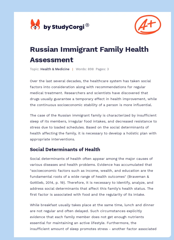 Russian Immigrant Family Health Assessment. Page 1