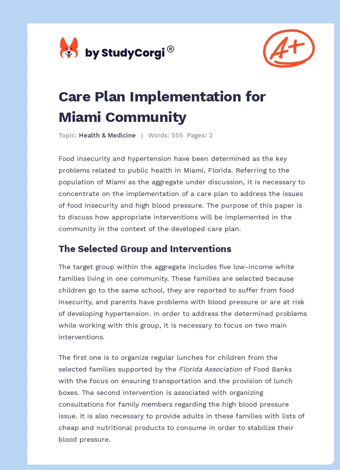 Care Plan Implementation for Miami Community. Page 1