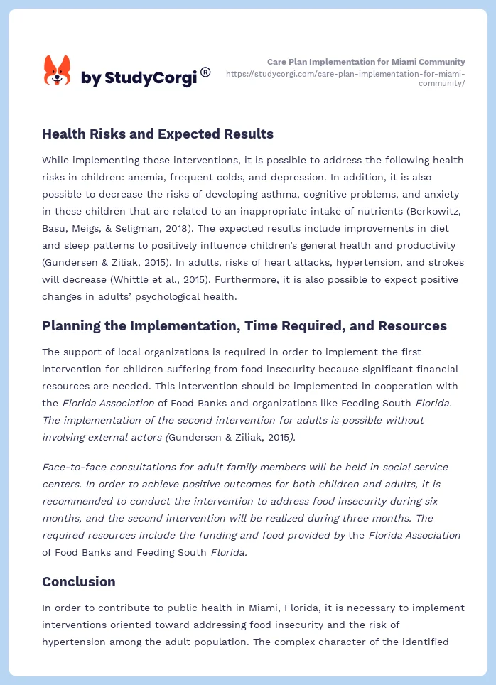 Care Plan Implementation for Miami Community. Page 2