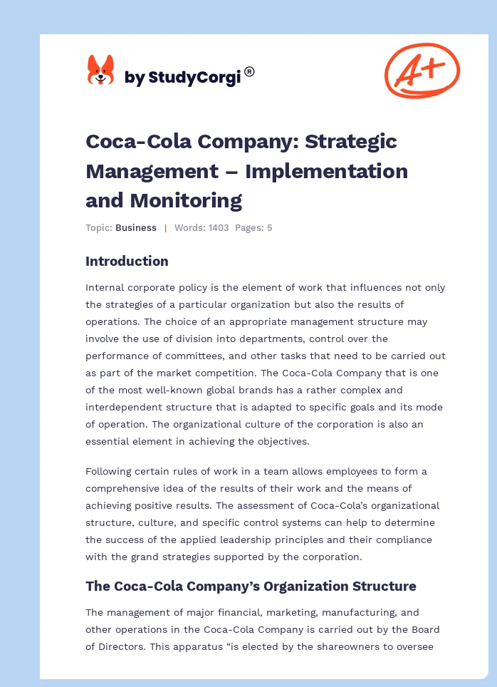 Coca-Cola Company: Strategic Management – Implementation and Monitoring. Page 1