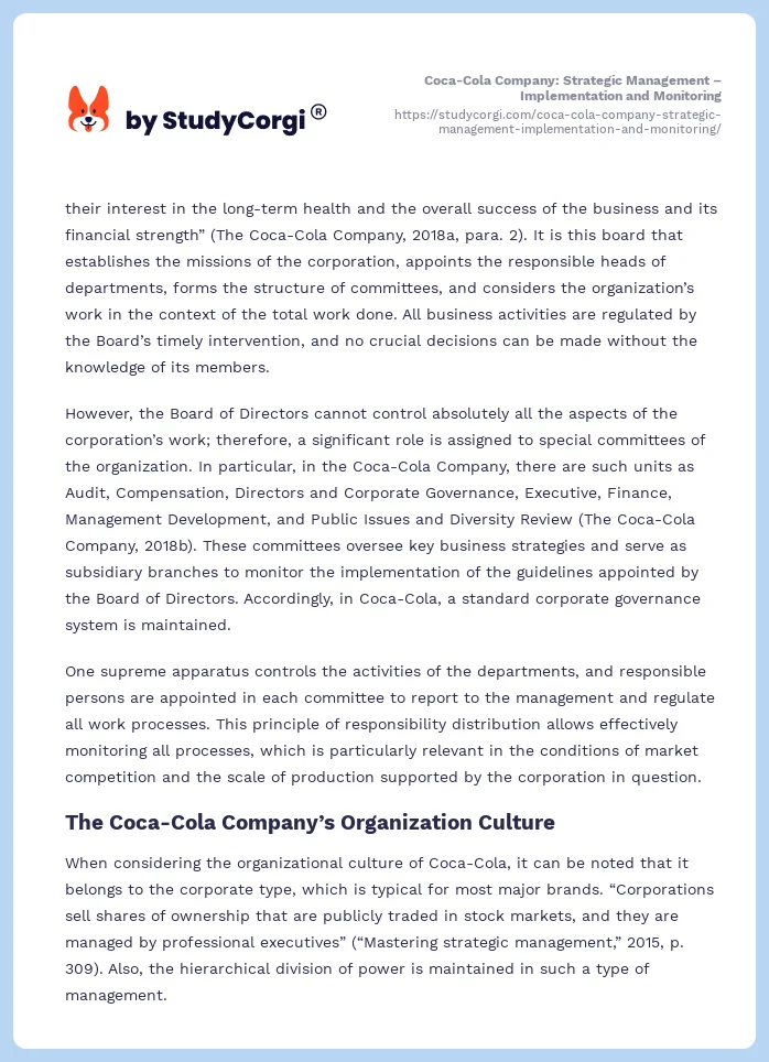 Coca-Cola Company: Strategic Management – Implementation and Monitoring. Page 2