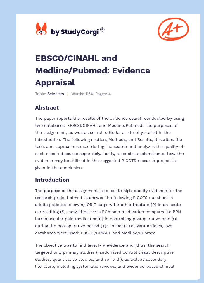 EBSCO/CINAHL and Medline/Pubmed: Evidence Appraisal. Page 1