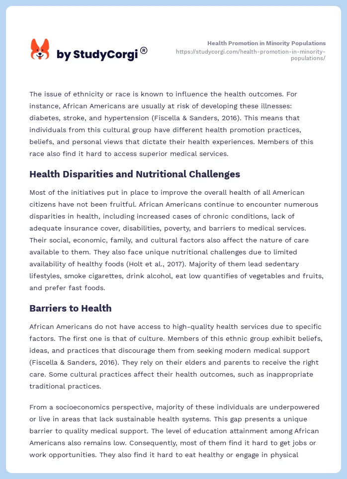 Health Promotion in Minority Populations. Page 2