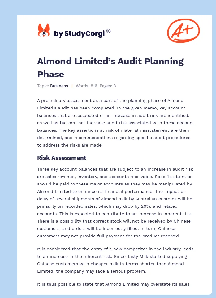 Almond Limited’s Audit Planning Phase. Page 1