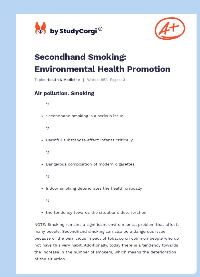Secondhand Smoking: Environmental Health Promotion. Page 1