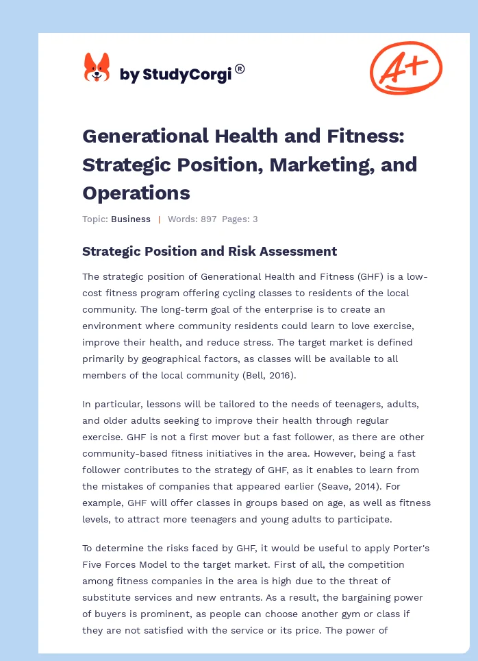 Generational Health and Fitness: Strategic Position, Marketing, and Operations. Page 1