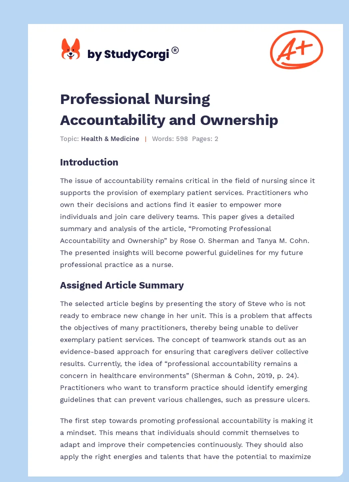 Professional Nursing Accountability and Ownership. Page 1