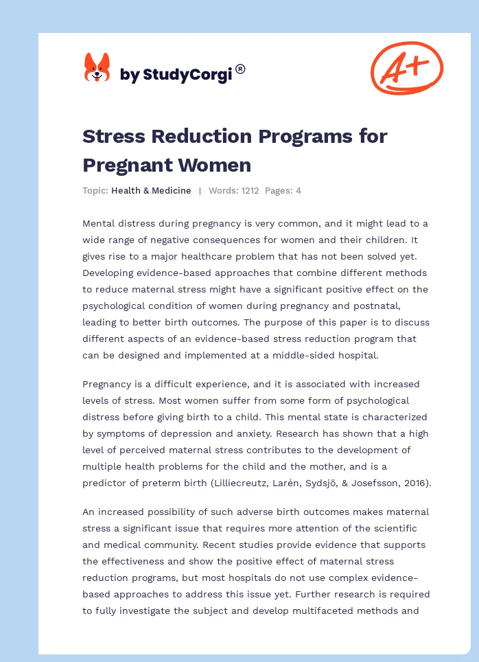 Stress Reduction Programs for Pregnant Women. Page 1