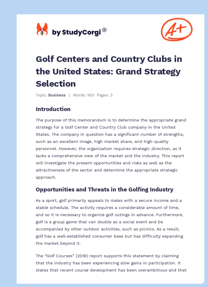 Golf Centers and Country Clubs in the United States: Grand Strategy Selection. Page 1