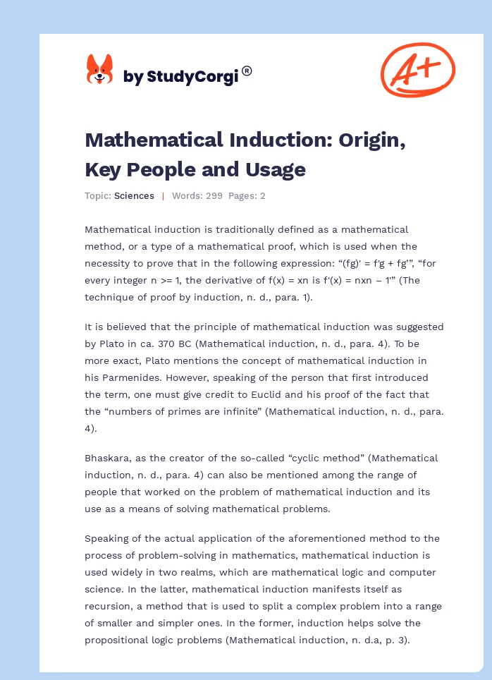 Mathematical Induction: Origin, Key People and Usage. Page 1