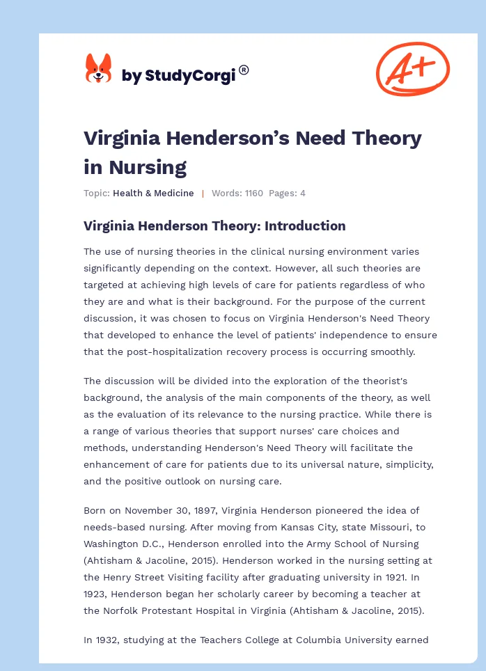 Virginia Henderson’s Need Theory in Nursing. Page 1
