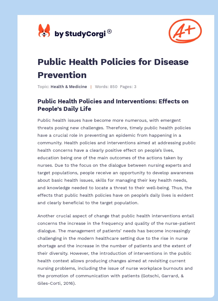 Public Health Policies for Disease Prevention. Page 1