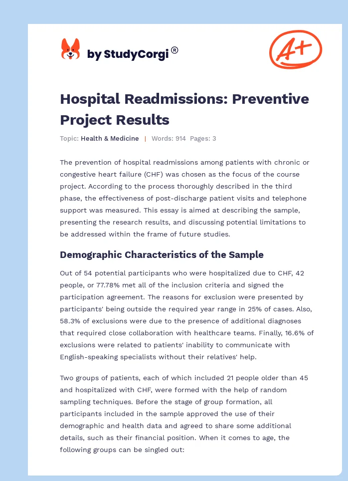 Hospital Readmissions: Preventive Project Results. Page 1