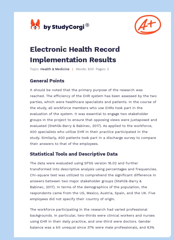 Electronic Health Record Implementation Results. Page 1
