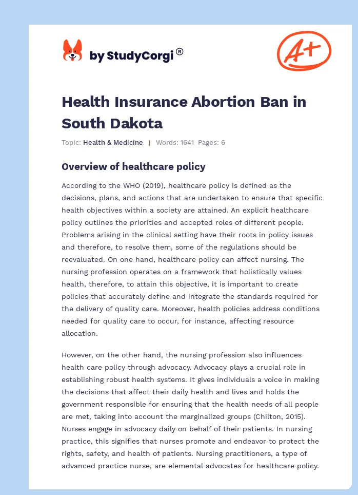 Health Insurance Abortion Ban in South Dakota. Page 1